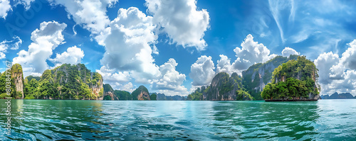 panoramic view of James Bond island in Phuket, Thailand with blue sky and white cloud background. Beautiful landscape scenery on tropical sea water surrounded by lush green jungle mountain  photo