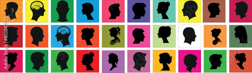 Pop art, colorful human silhouettes, diverse thoughts, ideas. Bright background, creativity concept. Perfect for design, advertising, web content
