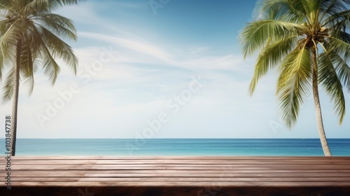 Wooden table top on blur beach background  display or montage products