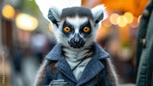 Stylish lemur moves through city streets in tailored splendor, epitomizing street style. The realistic urban setting captures this primatial charm, seamlessly merging exotic allure with contemporary f photo