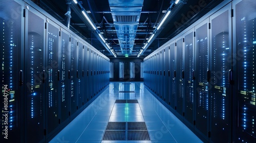 Futuristic data center with advanced network server racks