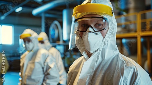 Scientists in protective suits working in a high-tech laboratory