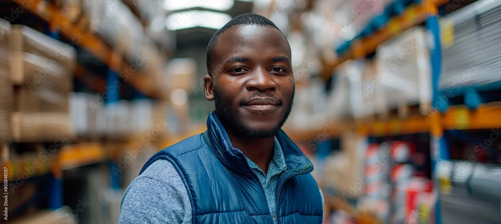 In the midst of shelves brimming with boxes and equipment, an African man warehouse worker beams for a portrait. In the midst of shelves brimming with boxes and equipment, an African man warehouse worker beams for a portrait.
