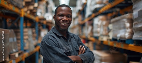 A smiling African warehouse worker stands at the center of a portrait, encircled by shelves stocked with boxes and equipment. © Денис Никифоров