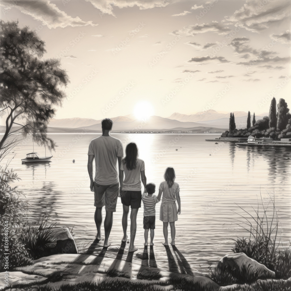 Fototapeta premium Pencil draw of a beautiful family at the beach