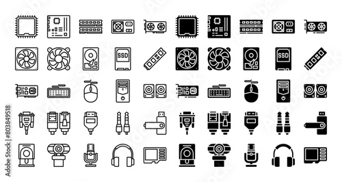 Computer hardware and component icon set, line and solid style. Contains such icon as motherboard, ram, cpu, mouse, keyboard and more.