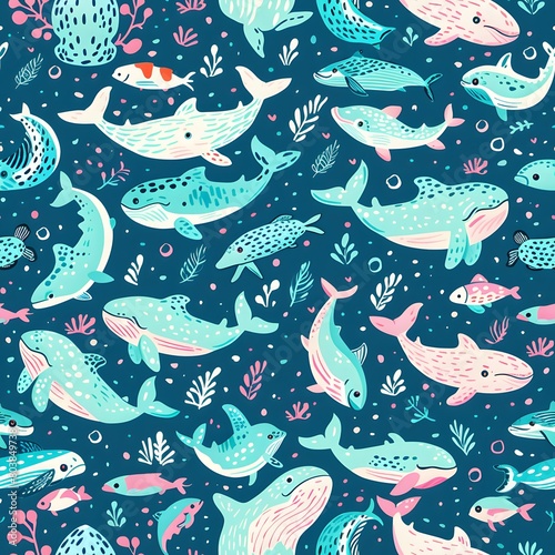 whales and fish pattern in turquoise with pink accents photo