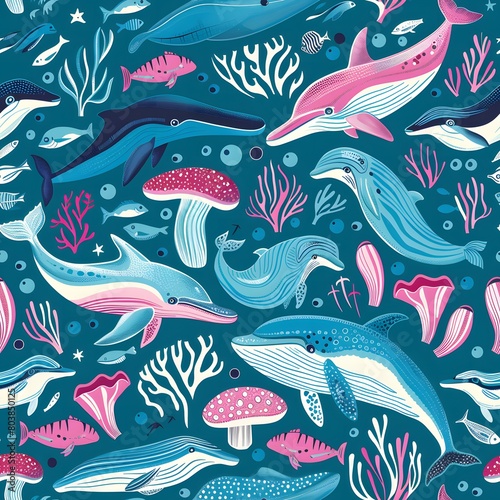 whales and fish pattern in turquoise with pink accents photo