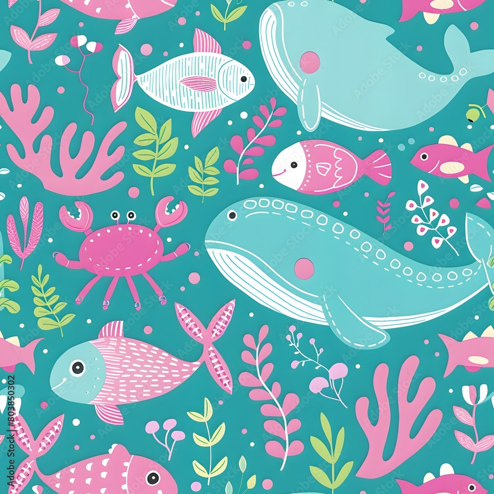 whales and fish pattern in turquoise with pink accents whales and fish pattern in turquoise with pink accents