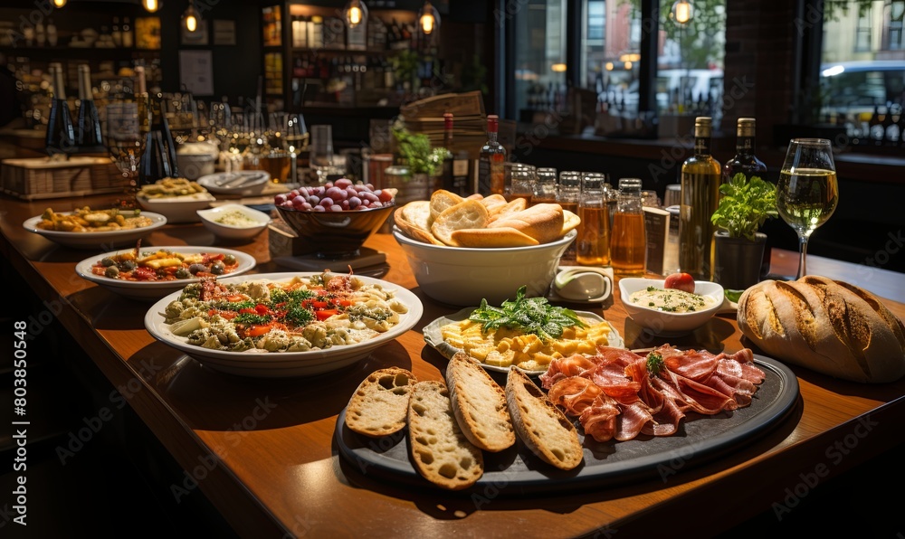 Wooden Table Laden With Plates of Food Wooden Table Laden With Plates of Food