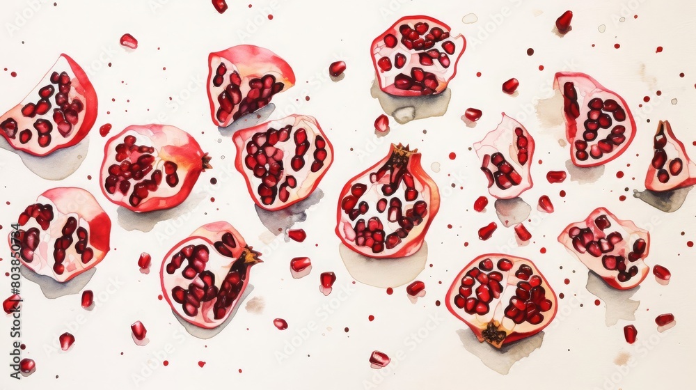 pomegranate seeds scattered on white marble pomegranate seeds scattered on white marble