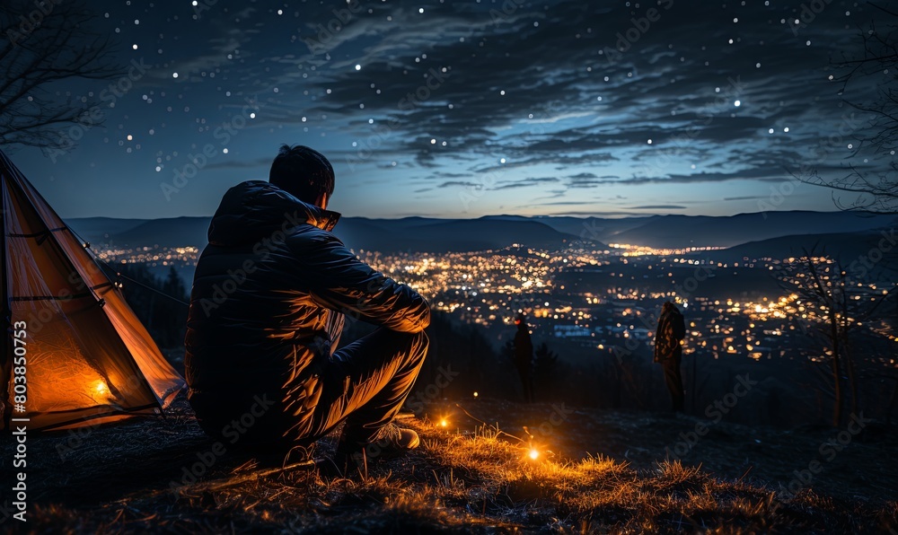 Man Sitting on Hill Near Tent