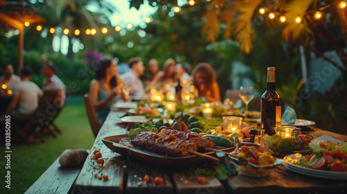 Amidst the relaxed ambiance of a backyard dinner party, a long table overflows with sumptuous grilled BBQ meat, colorful salads, and bottles of wine. Friends and family engage