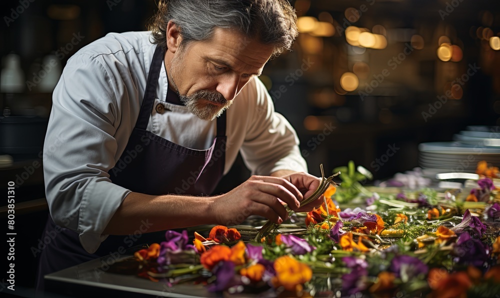 Man in Apron Working on Flowers Man in Apron Working on Flowers