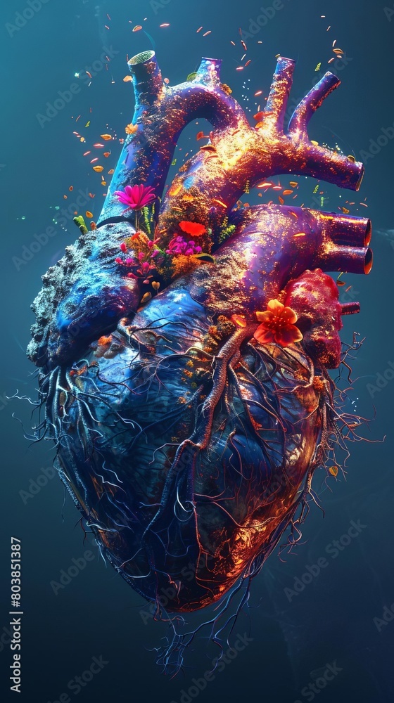 A visualization of a pulsating heart with a vibrant ecosystem thriving inside A visualization of a pulsating heart with a vibrant ecosystem thriving inside