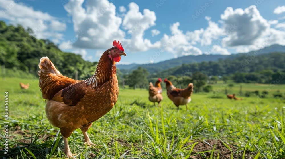 Broiler chickens grazing in a spacious outdoor poultry farm, under the open sky with lush greenery in the background
