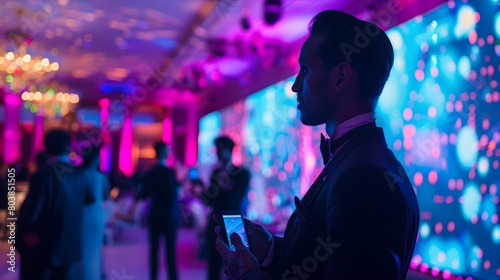 Sophisticated Spy Utilizing HighTech Gadgets for Intelligence Gathering at a Luxury Gala Event