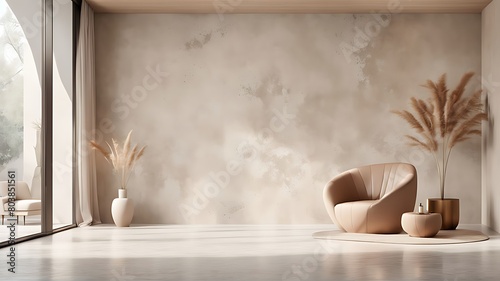  Light beige living room - modern interior hall and furniture design. Mockup for art - ivory taupe empty texture plaster microcement wall. Luxury premium nude accent lounge reception. 3d render 