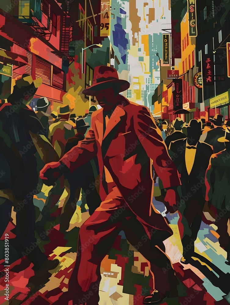Fototapeta premium Covert Agent Escaping Pursuit amidst Vibrant Street Parade