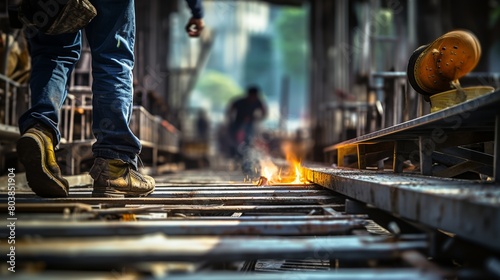 Close up view of worker walking on metal platform at construction site in industrial environment