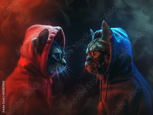 Two cats wearing hoodies are staring at each other intensely, ready to fight photo