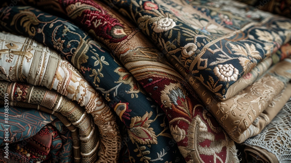 Intricate details and rich textures of vintage fabrics, such as embroidery, highlighting their timeless elegance