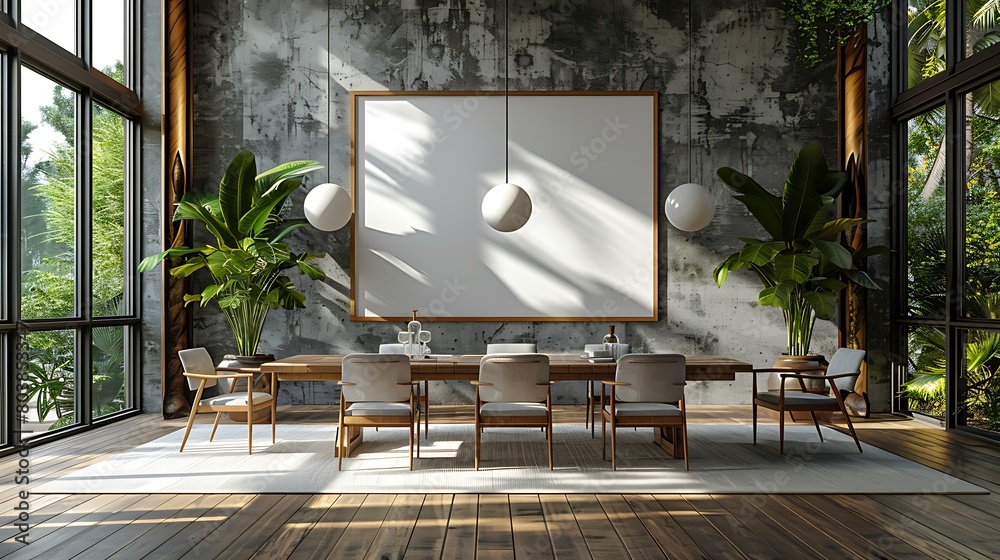 Visualize a sophisticated dining room with a large blank poster mockup dominating the main wall. Visualize a sophisticated dining room with a large blank poster mockup dominating the main wall.