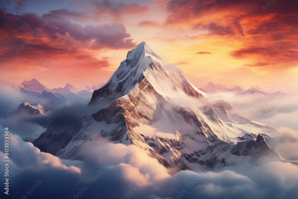 A snowcapped mountain peak with clouds swirling around it, in an epic fantasy art style reminiscent of golden hour light. Generative AI