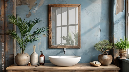 Visualize a refined bathroom enhanced with a small  waterproof blank poster mockup above the vanity.