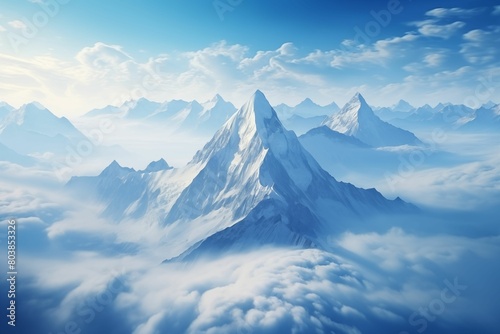 A majestic mountain range with snowcapped peaks, surrounded by clouds and mist, bathed in the soft glow of morning light. The scene captures an epic view from above, showcasing vast landscapes of snow
