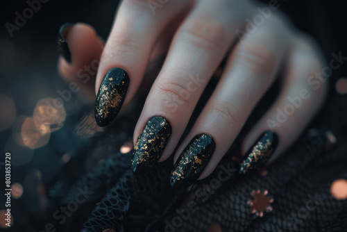 A hand with black nails and gold glitter