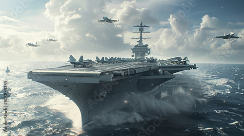 A large Navy ship is sailing in the ocean with a jet fighter in the background photo