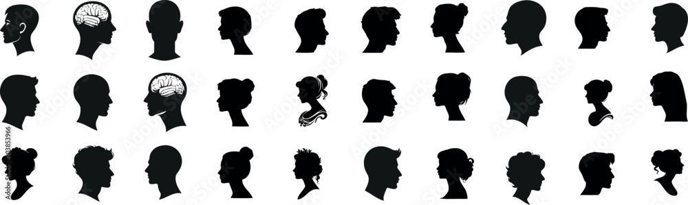 Silhouette of diverse human profiles, hairstyles, brain collection, black head shapes, people concept, white background, male, female, idea, thought, mystery, identity, anonymous, cameo silhouette Silhouette of diverse human profiles, hairstyles, brain collection, black head shapes, people concept, white background, male, female, idea, thought, mystery, identity, anonymous, cameo silhouette
