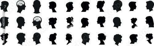 Silhouette of diverse human profiles, hairstyles, brain collection, black head shapes, people concept, white background, male, female, idea, thought, mystery, identity, anonymous, cameo silhouette photo
