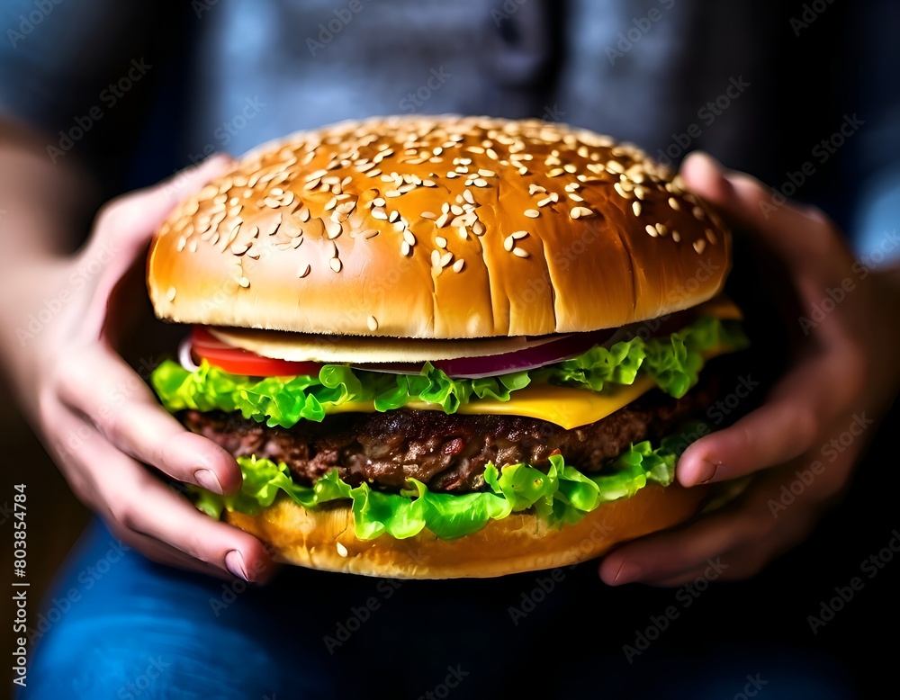 Male hands offer us a very large burger with herbs, cheese and beef patty