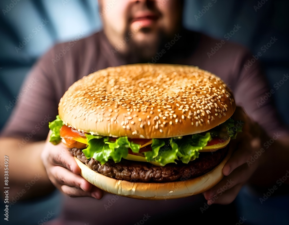 A plump man in the background hands us a very large burger with herbs, cheese and a beef patty A plump man in the background hands us a very large burger with herbs, cheese and a beef patty