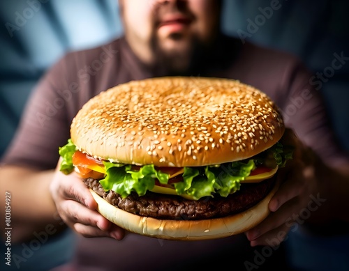 A plump man in the background hands us a very large burger with herbs, cheese and a beef patty