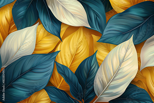 Abstract painting of yellow and blue leaves on white background. Created with Ai