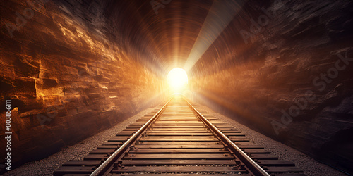 Railway tracks in a tunnel with a bright light at the top Transportation on a dark background

