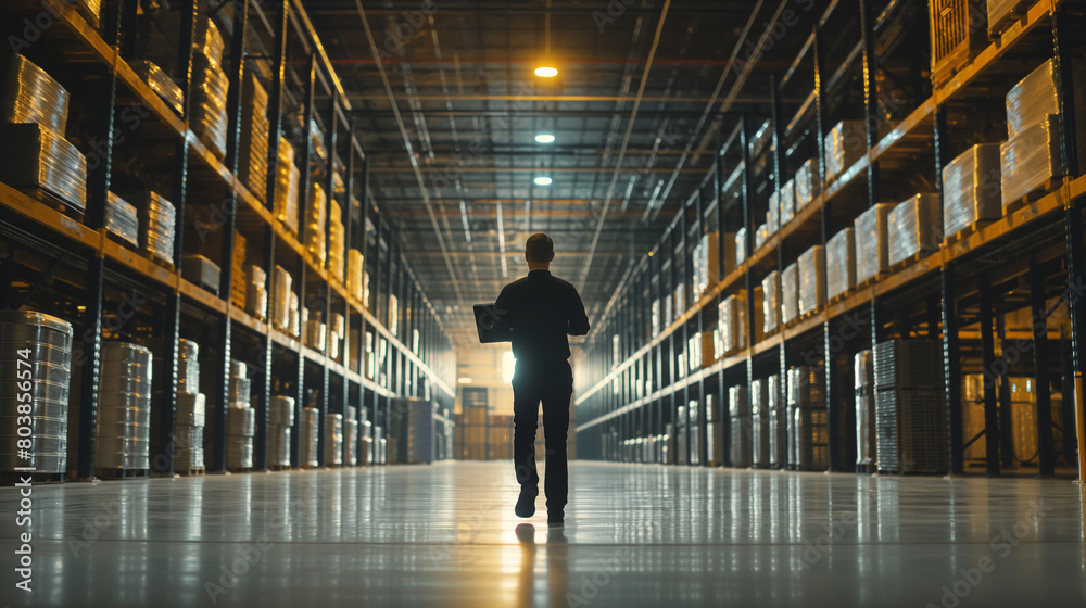 In a vast, cavernous warehouse, a forward-thinking Chief Technology Officer strides confidently, their laptop held aloft as streams of vibrant In a vast, cavernous warehouse, a forward-thinking Chief Technology Officer strides confidently, their laptop held aloft as streams of vibrant