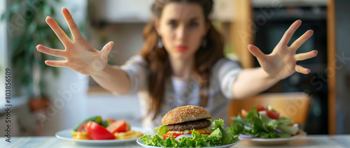 A young woman saying no to fast food like hamburgers and instead eating a healthy salad at home. photo