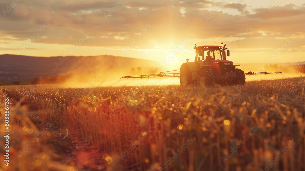 Fototapeta premium A tractor is driving through a field of tall grass