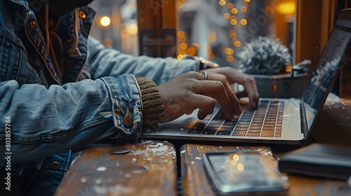 Modern Work Environment: Serene and Focused with Denim Jacket and Natural Lighting