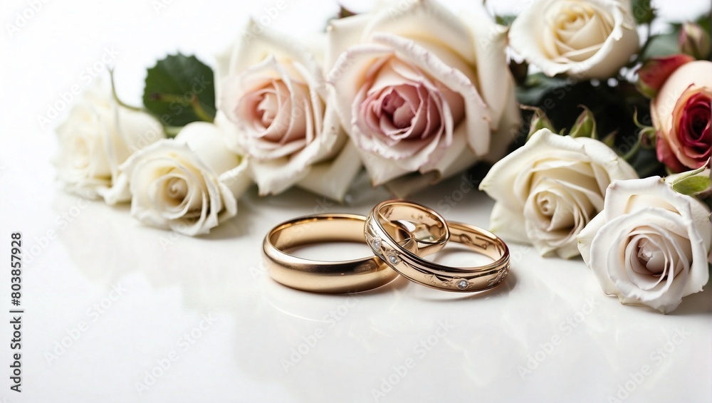 Wedding rings and roses on white with space for writing
