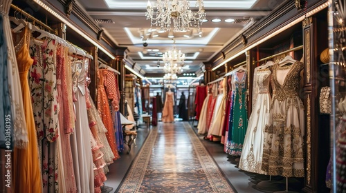 This is the inside of a clothing store. There are many colorful dresses hanging on racks on both sides of the store. There is a shiny floor and fancy light fixtures hanging from the ceiling.