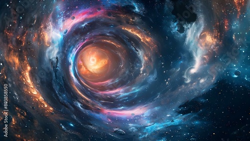 Vibrant 3D rendering of a hyperspace tunnel with an expanding galaxy. Concept 3D Rendering, Hyperspace Tunnel, Expanding Galaxy, Vibrant Colors, Sci-Fi Art photo