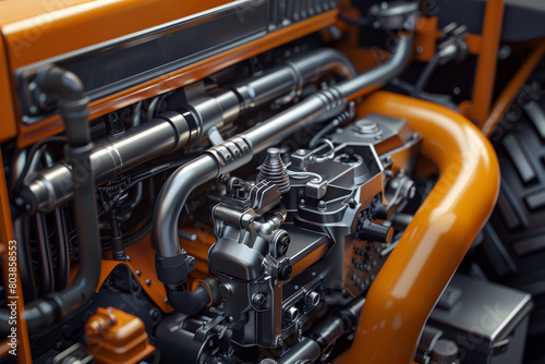 A close up of an orange engine with a silver interior