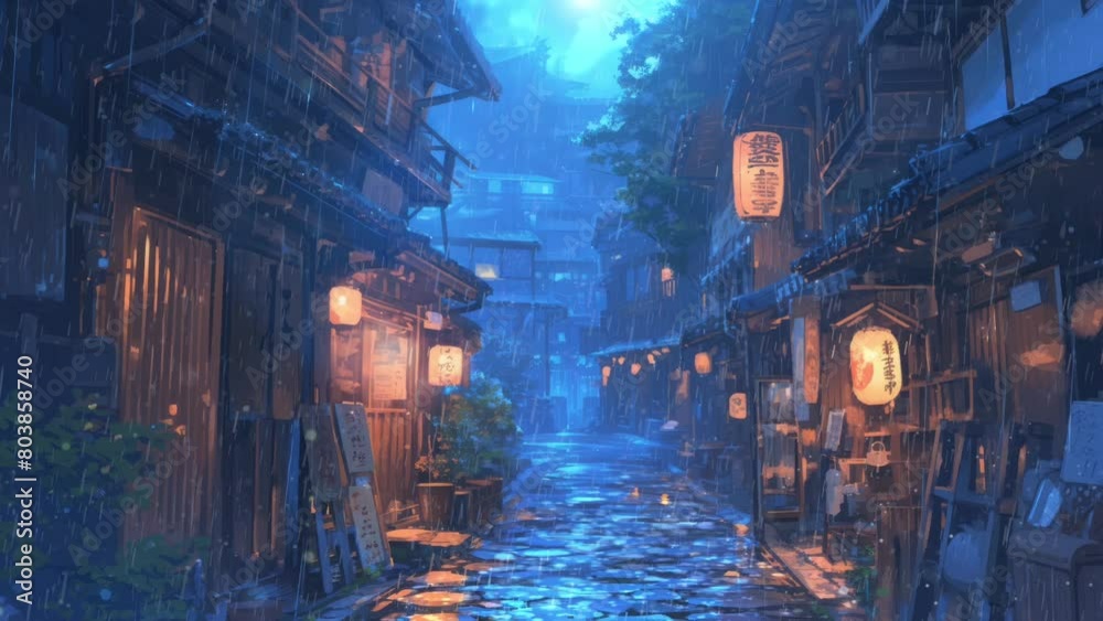 Traditional Japanese house street. Rainy old asian village. Lofi loop anime style animation background video.	
