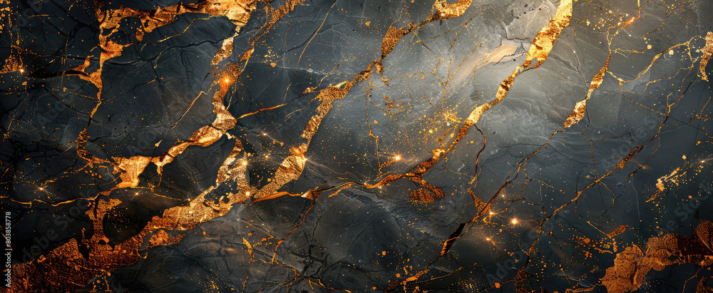 A dark grey marble surface with golden veins, resembling the texture of an ocean at night. Created with Ai