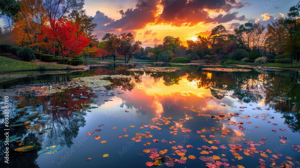 A tranquil pond reflecting the fiery colors of a fall sunset in its still waters.